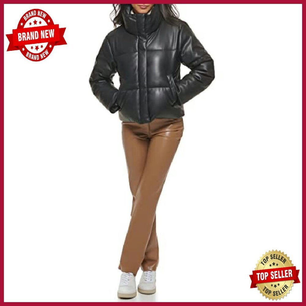 Quilted Vegan Leather Puffer Jacket Cropped Water-Resistant Women's Size - Picture 4 of 8